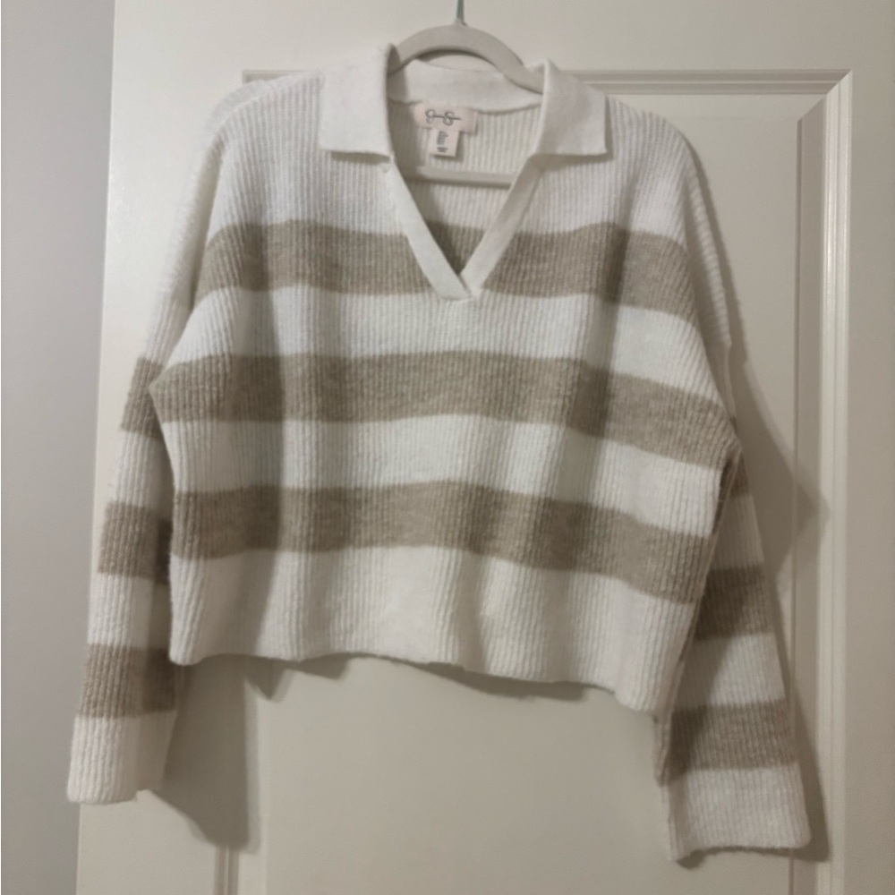 Jessica Simpson V-Neck Sweater - Cream and Tan Stripes